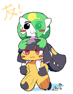 :3 blush carrying_another duo female hair hair_over_eye heart_symbol on_shoulders simple_background smile text white_background melfunnysmell nintendo pokemon gaba_(melfunnysmell) gardevoir generation_3_pokemon humanoid mawile pokemon_(species) hi_res japanese_text
