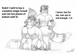 animal_genitalia anthro backsack balls butt clothing costume double_butts duo fully_sheathed fursuit genitals male nude sheath text transformation what_has_science_done nisharu canid canine canis domestic_dog mammal procyonid raccoon 2012 english_text monochrome