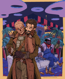 ambiguous_gender armor audio_cassette baseball_cap beard beverage_bottle blue_eyes bottle brown_beard brown_facial_hair brown_hair cassette_player cassette_tape clothed clothing container electronics facial_hair fully_clothed furniture gesture googie_aesthetic group hair hand_gesture hat headgear headwear holding_another inside kerchief looking_at_another male missing_nose modern_architecture ncr_ranger_(fallout) necrosis new_california_republic new_vegas not_furry overalls palm_tree pip-boy plant red_kerchief red_sclera sofa text thumbs_up tree trio wearing_hat leona-florianova fallout microsoft sunset_sarsaparilla alex_walker_(x-01-king) ghoul_(fallout) human humanoid mammal artist_name english_description hi_res