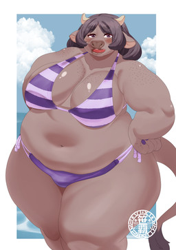 anthro big_breasts bikini black_body black_fur black_hair breasts clothed clothing day female fur hair hands_on_own_hips horn huge_breasts kemono long_hair open_mouth outside overweight overweight_anthro overweight_female purple_eyes solo standing swimwear teeth thick_thighs two-piece_swimsuit water wide_hips sasanoha6011 bovid bovine cattle mammal absurd_res hi_res portrait three-quarter_portrait