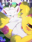 anthro anthro_on_anthro big_breasts breasts clitoris cunnilingus female fur genitals nipples oral sex vaginal yellow_body yellow_fur bunnemilk bandai_namco digimon canid digimon_(species) gatomon mammal renamon hi_res