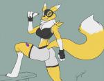 anthro black_sclera bottomwear bra clothing female gloves grin handwear markings mask muscular muscular_anthro muscular_female pose shorts simple_background smile solo sports_bra underwear gravyfox bandai_namco digimon canid canine digimon_(species) mammal renamon