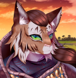 anthro brown_hair clothed clothing detailed_background fungus fur green_eyes hair jewelry male mushroom orange_body orange_fur robe sky solo striped_body striped_fur stripes sunset anonymous_artist microsoft the_elder_scrolls nerevarine felid khajiit mammal