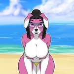 anthro beach big_breasts bikini bikini_bottom black_hair breasts clothing eyewear facial_piercing female glasses gloves_(marking) hair hair_bun markings nipples nose_piercing piercing pink_body pink_eyes seaside septum_piercing solo swimwear two-piece_swimsuit milatails 1:1