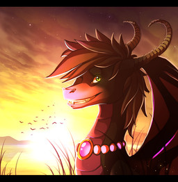 ambiguous_gender black_bars brown_body brown_fur day detailed_background feral fur green_eyes hair horn looking_at_viewer membrane_(anatomy) membranous_wings outside smile solo teeth wings skaydie european_mythology mythology dragon mythological_creature mythological_scalie scalie western_dragon 2015 digital_media_(artwork) letterbox