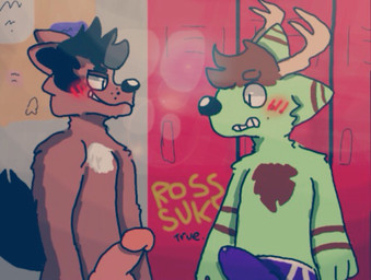 anthro antlers blush bodily_fluids boxer_briefs clothing cum cum_in_clothing cum_in_underwear cum_through_clothing cum_through_underwear duo erection fur genital_fluids genitals grin horn locker locker_room male male/male nervous penis purple_clothing purple_underwear smile standing underwear wet wet_clothing wet_underwear unknown_artist canid canine canis deer mammal wolf
