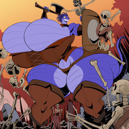 5_fingers anthro armor axe battle_axe big_breasts blue_body blue_scales bone breasts clothing female fingers group headgear helmet holding_battle_axe holding_melee_weapon holding_object holding_weapon huge_breasts huge_thighs hyper hyper_breasts hyper_thighs melee_weapon scales shield skeleton skull small_head teeth thick_thighs weapon jaeh microsoft the_elder_scrolls busty_bird animated_skeleton argonian scalie undead 1:1 2025 absurd_res hi_res