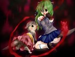 abstract_background ambiguous_gender bodily_fluids bottomwear butt clothing female feral footwear green_eyes green_hair group hair human_to_feral kneeling legwear long_hair open_mouth scared school_uniform shoes skirt smile smirk socks species_transformation tears transformation underwear uniform tetetor-oort higurashi_no_naku_koro_ni mion_sonozaki shion_sonozaki human mammal mustelid otter spirit 2010 4:3