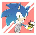 alternate_costume anthro biped blue_body blue_fur border clothing crossed_arms footwear fur gloves green_eyes handwear male pink_background shoes simple_background sitting solo white_border sikai sega sonic_the_hedgehog_(series) sonic_the_hedgehog eulipotyphlan hedgehog mammal