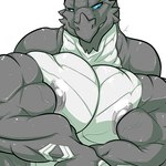 anthro big_muscles blue_eyes dominant front_view grey_body grin huge_muscles hyper hyper_muscles male multicolored_body muscular nipples non-mammal_nipples pecs pose smile solo standing teeth two_tone_body white_body danandnite mythology kardukk dragon kobold mythological_creature mythological_scalie reptile scalie 1:1 digital_media_(artwork) hi_res shaded signature