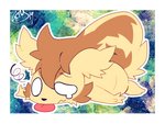 4:3 4_fingers brown_body brown_fur extyrannomon_(artist) feral fingers fur generation_3_pokemon hi_res linoone lying male nintendo numa_(ouroporos) on_front on_ground pokemon pokemon_(species) simple_background solo tail_on_back tired_eyes tongue tongue_out