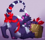 accessory ambiguous_gender bow_(feature) bow_censor bow_ribbon box butt_bow christmas_present container feral fur furgonomics gift gift_bow gift_box gift_wrapped hair looking_at_viewer paws pink_eyes purple_body purple_fur purple_hair ribbons simple_background solo spade_tail tail tail_accessory tail_ribbon kero_tzuki unknown_species