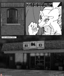 2018 anthro building comic door dragon english_text hi_res horn house if_hell_had_a_taste male monochrome mythological_creature mythological_scalie mythology parking_lot raining scales scalie scar sign skylar_fidchell solo store text url viroveteruscy window window_curtains