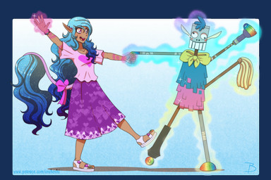 accessory blue_hair bottomwear bow_(feature) bow_accessory bow_ribbon clothed clothing dark_body dark_skin duo female footwear furgonomics gradient_hair hair happy humanoid_pointy_ears magic magic_user markings not_furry pink_eyes pointy_ears raised_tail ribbons sandals shirt shoes simple_background skirt tail tail_accessory tail_bow tail_ribbon telekinesis topwear inuhoshi-to-darkpen hasbro mlp_g5 my_little_pony izzy_moonbow_(mlp) senor_butterscotch_(mlp) animal_humanoid humanoid alpha_channel hi_res