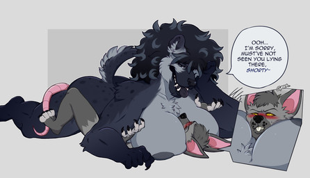 angry anthro big_breasts black_body black_fur black_tongue blush breast_smother breasts claws duo female fur huge_breasts large_teeth male male/female muscular muscular_anthro size_difference smaller_male smothering speech_bubble spots text tongue stupidgnoll unposturedfile narita_vilores hyena mammal murid murine rat rodent hi_res