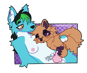 animal_genitalia animal_penis anthro anthro_on_anthro areola arm_tuft balls bedroom_eyes black_hair blue_body blue_fur blush breasts brown_body brown_fur canine_genitalia canine_penis cheek_tuft claws closed_smile duo ear_piercing elbow_tuft facial_piercing facial_tuft fangs female fur genitals green_highlights gynomorph hair hand_on_penis handjob happy highlights_(coloring) intersex intersex/female knot knotted_penis lying medium_breasts mouth_closed narrowed_eyes nipples nose_piercing nose_ring nude nude_anthro on_back one_eye_closed orange_eyes paws penile penis piercing pink_areola purple_background purple_eyes ring_piercing seductive septum_piercing septum_ring sex simple_background smile teeth text touching_penis tuft white_background white_body white_fur womb_tattoo kibblebytez canid mammal 2025 2d_animation animated artist_name colored digital_media_(artwork) frame_by_frame loop