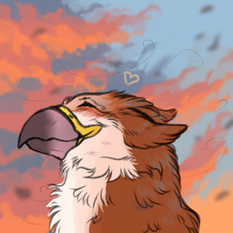 ambiguous_form ambiguous_gender beak blue_sky brown_body cheek_tuft closed_smile cloud ears_back eyes_closed facial_tuft feral grey_beak mouth_closed neck_tuft outside pivoted_ears side_view sky smile solo tuft white_body msdeadsoul mythology barski avian gryphon mythological_avian mythological_creature 1:1 hi_res