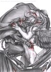 ambiguous_gender battle bite blood bodily_fluids duo feathered_wings feathers gore hair male membrane_(anatomy) membranous_wings teeth wings wounded raesheris sergal black_and_white_and_red graphite_(artwork) greyscale monochrome spot_color traditional_media_(artwork)