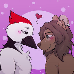 anthro beak bedroom_eyes black_body black_eyes black_feathers blush brown_body brown_eyes brown_fur brown_hair brown_nose chest_tuft duo ear_piercing ear_ring eye_contact eyebrows feathers female fur grey_eyes hair heart_symbol inner_ear_fluff jewelry long_hair looking_at_another male male/female narrowed_eyes nude piercing purple_background red_body red_feathers ring ring_piercing romantic romantic_couple seductive side_view simple_background smile tuft white_body white_feathers white_fur fluffy_krast fenja_(fenya208) layvan avian bird euplerid fossa mammal picid woodpecker 1:1 2026 digital_media_(artwork) hi_res portrait
