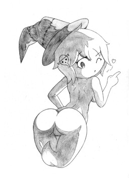 breasts butt clothing female genitals hair hat hat_only headgear headgear_only headwear headwear_only heart_symbol looking_back mostly_nude not_furry one_eye_closed rear_view simple_background solo vulva white_background wink witch_hat ultama_lokshar cartoon_network the_amazing_world_of_gumball carrie_krueger ghost humanoid spirit hi_res monochrome