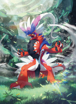 4_fingers ambiguous_gender anthro arms_out black_body black_pawpads blue_body blue_feathers claws feathers feet fingers flower grass membrane_(anatomy) motion_lines open_mouth orange_eyes outside pawpads pink_body pink_feathers plant pose red_body red_feathers solo toes tongue tongue_out tree webbed_feet webbed_hands white_body white_feathers wind yellow_sclera ryota_murayama nintendo pokemon ancient_pokemon apex_build_koraidon generation_9_pokemon koraidon legendary_pokemon paradox_pokemon pokemon_(species) 2023 digital_drawing_(artwork) digital_media_(artwork) hi_res official_art