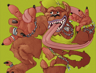 action_pose alternative_fashion anthro balls baseball_cap black_claws black_eyes black_nose body_hair boxers_(clothing) bracelet chain claws clothing collar foreskin fuzzy genitals ginger_fur hairy_balls hairy_penis half-erect hat headgear headwear jewelry lips long_tail long_tongue male musclegut muscular muscular_male necklace penis pink_foreskin pink_tongue pose punk purple_lips sharp_teeth shirt silly_pose smile solo tail tank_top teeth tongue topwear torn_clothing underwear ravuer toxic_crusaders junkyard_(toxic_crusaders) absurd_res hi_res