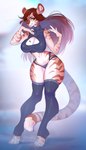 anthro biped bottomwear breasts claws cleavage cleavage_cutout clothed clothing cutout female hair long_hair midriff simple_background skimpy solo standing topwear landysh felid mammal pantherine tiger 2021 absurd_res hi_res