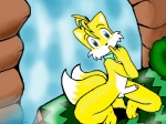 anthro balls barefoot blue_eyes erection feet genitals humanoid_genitalia humanoid_penis male multi_tail nude penis solo tail vacant_stare water waterfall blackcat sega sonic_the_hedgehog_(series) miles_prower canid canine fox mammal 4:3