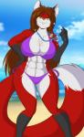 abs beach bikini clothing cloud day female jewelry muscular muscular_female necklace seaside sky solo swimwear two-piece_swimsuit mastergodai kaia_morgan canid canine fox mammal hi_res