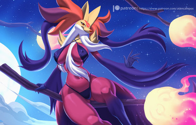 5_fingers anthro biped bra breasts clothed clothed_anthro clothed_female clothing female fingers front_view fur inner_ear_fluff looking_at_viewer moon navel night nipple_outline outside panties red_body red_eyes red_fur sky smile solo star teeth tuft underwear yellow_body yellow_fur alanscampos nintendo pokemon pokemon_legends_z-a generation_9_pokemon mega_delphox mega_evolution pokemon_(species) 2025 digital_drawing_(artwork) digital_media_(artwork) hi_res