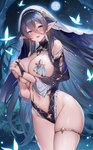 big_breasts black_hair blush breasts clothed clothing female hair legband long_hair not_furry pasties solo thick_thighs thighband sora72iro_kaba9 elf humanoid hi_res