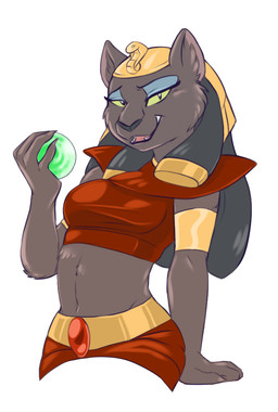 anthro black_hair blue_makeup breasts brown_body brown_fur clothing female fur green_sclera hair holding_orb looking_at_viewer orb red_clothing simple_background solo uraeus white_background aries84 disney disney's_aladdin mirage_(disney) felid feline mammal 2015