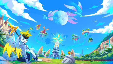 anthro blue_sky clothed clothing cloud detailed_background fantasy floating_island grass holding_object holding_weapon landscape landscape_background male melee_weapon planet plant polearm rear_view sitting sky spear topless waterfall weapon windmill wings zero_pictured axy_usagi ambiguous_species 16:9 hi_res widescreen