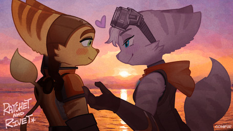 anthro blue_eyes blush blush_lines clothing duo eyebrows eyelashes eyewear eyewear_on_head female fur gloves goggles goggles_on_head green_eyes handwear headgear headwear heart_symbol male scarf seaside striped_body striped_fur stripes sunset white_body white_fur yellow_body yellow_fur comifur ratchet_and_clank sony_corporation sony_interactive_entertainment ratchet_(ratchet_and_clank) rivet_(ratchet_and_clank) lombax mammal 2025 hi_res