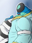 3:4 actualblueblu amphibian blue_body chub_(disambiguation) chubby_cheeks clothed clothing fan_character frog generation_5_pokemon male nintendo obese obese_male open_mouth overweight overweight_male pokemon pokemon_(species) pupils red_eyes seismitoad simple_background slightly_chubby slightly_chubby_male solo thick_neck toad_(frog)