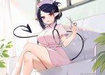 big_breasts breasts clothing crossed_legs female furniture heterochromia humanoid_pointy_ears leaf medical_instrument not_furry nurse plant pointy_ears scientific_instrument scissors sitting sofa solo spade_tail stethoscope tail window muryotaro elf humanoid