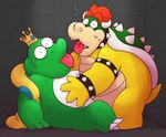 anthro belly bodily_fluids crown duo green_body hair headgear horn male male/male overweight overweight_anthro overweight_male red_hair shell sitting spiked_shell spikes spikes_(anatomy) surprise sweat tongue tongue_out white_body leothelionel mario_bros nintendo super_mario_bros._2 bowser wart_(mario) amphibian frog koopa scalie 2021