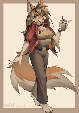 anthro beverage bottomwear breasts bubble_tea clothed clothing female jacket pants solo topwear lathan canid canine mammal hi_res