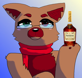 alcohol anthro beverage black_eyewear black_glasses blue_background blush blush_stickers brown_body brown_eyes brown_fur cognac eyewear fur glasses green_eyes heterochromia inner_ear_fluff male rectangular_glasses red_scarf scarf simple_background solo tuft cognacdoggo hennessy canid canine canis domestic_dog mammal