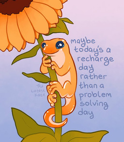 ambiguous_gender blue_eyes feral flower glistening glistening_body orange_body plant positive_message simple_background smile solo sunflower text the_latest_kate gecko lizard reptile scalie digital_drawing_(artwork) digital_media_(artwork) english_text signature