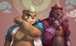 anthro brown_body brown_fur cigarette clothing duo fur green_hair hair jacket male mohawk musclegut muscular red_hair smoking topwear eruprior lifewonders tokyo_afterschool_summoners barguest_(tas) bear mammal