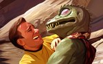 duo fangs male open_mouth outside rock starfleet_uniform teeth jeff_delgado star_trek star_trek_the_original_series james_t._kirk animal_humanoid gorn_(species) human humanoid mammal reptile reptile_humanoid scalie scalie_humanoid hi_res