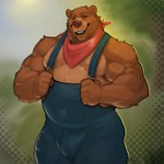 anthro brown_body brown_fur bulge clothing fur male musclegut muscular overalls overweight overweight_male smile solo zyyphelze uncle_rusty_(little_bear) bear mammal 1:1 2024 hi_res