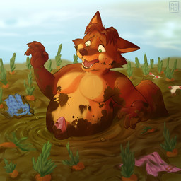 4_fingers anthro black_nose brown_hair carrot clothing dirty discarded_clothing erection fangs fingers food fur genitals hair humanoid_hands male mud mud_covered multicolored_body multicolored_fur nude nude_anthro nude_male outdoor_nudity outside overweight overweight_anthro overweight_male penis plant red_body red_fur solo tail tan_body tan_fur teeth tongue two_tone_body two_tone_fur vegetable moomoonjun disney zootopia gideon_grey canid canine fox mammal hi_res
