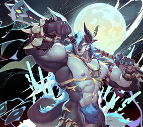 2_horns abs anthro areola arm_markings armband barazoku barbell_piercing beaded_jewelry beaded_necklace beads black_body black_fur blue_body blue_claws blue_eyes blue_fur blue_hair bone bone_bracelet bone_jewelry bone_necklace bracelet chest_markings claws featureless_crotch finger_claws flexing flexing_bicep fur hair holding_melee_weapon holding_object holding_polearm holding_trident holding_weapon horn jewelry leg_markings legband male markings melee_weapon moon mostly_nude muscular muscular_anthro muscular_male navel navel_markings necklace night nipple_barbell nipple_piercing nipples pecs piercing polearm pubes shoulder_markings solo tail_mane trident weapon weapon_on_shoulder white_body white_fur wristband yellow_markings null-ghost jewish_mythology mythology inuarashi_(whitexwolfy) canid canine canis mammal mythological_behemoth wolf 2025