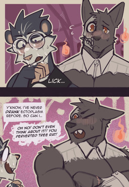 2_panel_comic 5_fingers anthro arm_scar belly big_belly big_muscles big_nipples big_pecs black_body black_clothing black_fur blush bodily_fluids bone clothing covering covering_chest covering_self crossed_arms dialogue duo ectoplasm exclamation_point eyewear fingers fur glasses huge_muscles huge_pecs male milk milk_on_face muscular muscular_anthro muscular_male nipples pecs scar speech_bubble text topwear king_slabu adrian_(king_slabu) nolan_(king_slabu) american_opossum canid canine canis domestic_dog mammal marsupial spirit virginia_opossum absurd_res comic digital_media_(artwork) english_text hi_res