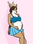 anthro belly bottomwear breasts brown_eyes clothing female fur hair horn long_hair miniskirt multicolored_body multicolored_fur navel pregnant simple_background skirt solo two_tone_body two_tone_fur spacecadet antelope bovid gazelle mammal 3:4 hi_res