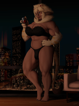 big_breasts blue_eyes breasts bulge chair city city_background cityscape claws clothing container cup dark_body dark_skin drinking_glass feline_ears feline_tail floor furniture glass glass_container glass_cup glowing glowing_eyes gynomorph hair hand_on_hip intersex lingerie mane mane_hair muscular muscular_gynomorph muscular_intersex night paws pupils reflection slit_pupils smile smiling_at_viewer solo window wine_glass wood wood_floor mysteriousgray hayden_(solfies) animal_humanoid felid felid_humanoid humanoid lion mammal mammal_humanoid pantherine 3:4 absurd_res digital_media_(artwork) hi_res