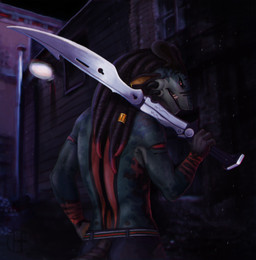 anthro black_bottomwear black_clothing black_hair black_pants black_sclera bottomwear building clothed clothing dreadlocks ear_piercing ear_ring green_body green_scales hair holding_object holding_weapon lamp looking_at_viewer looking_back male orange_eyes outside pants piercing rear_view red_body red_scales ring_piercing scales solo topless unsigned weapon weapon_on_shoulder himeragoldtail scalie species_request 2018 half-length_portrait hi_res portrait
