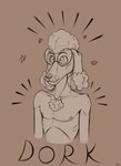 anthro chest_tuft dork ear_tuft eyewear fur glasses male nipples nude open_mouth shaved smile solo star text tuft wide_eyed jimfoxx dante_(jimfoxx) canid canine canis domestic_dog mammal poodle 2023 half-length_portrait hi_res portrait signature